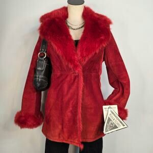 NWT Vintage 90s Red Suede Faux Fur Penny Lane Coat Size Medium Deadstock